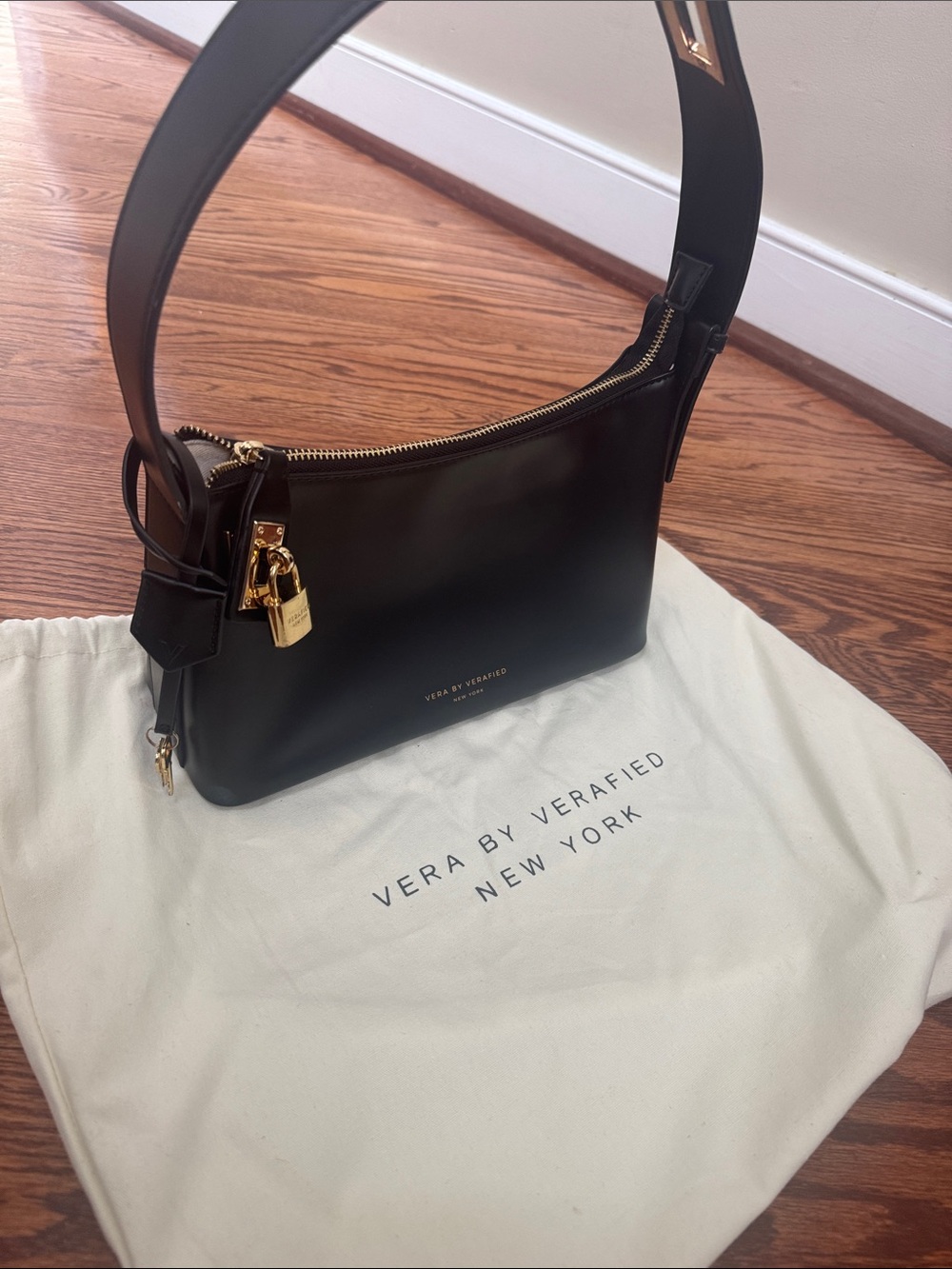 Black Leather Shoulder Bag with Gold Hardware - Picture 3 of 7